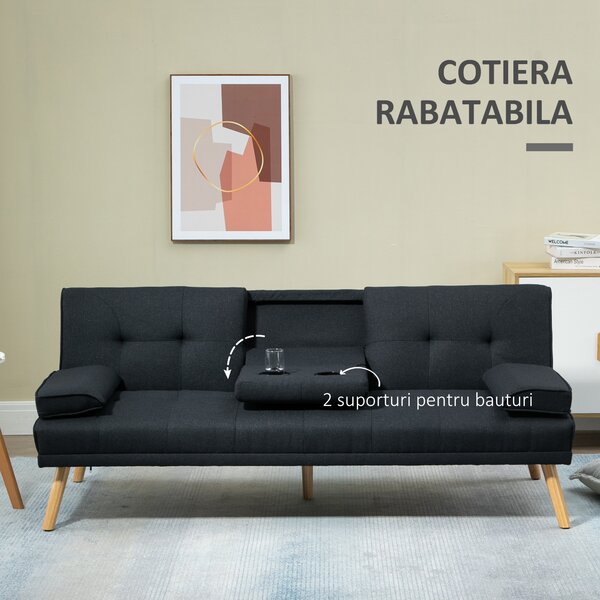 HOMCOM Canapea Extensibilă cu 3 Locuri, 2 Brațe Detașabile și Suport pentru Pahare, 181x77x78 cm, Gri antracit | Aosom Romania