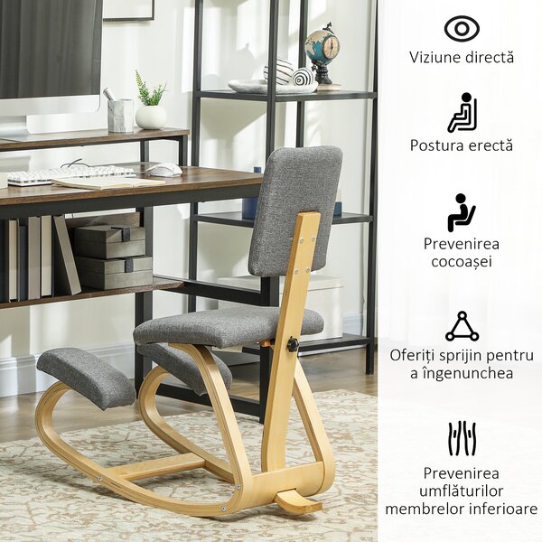 HOMCOM Scaun genunchi ergonomic, din lemn de mesteacăn, care permite o mișcare ușoară de leagăn, 51x84x93 cm, Gri | Aosom Romania