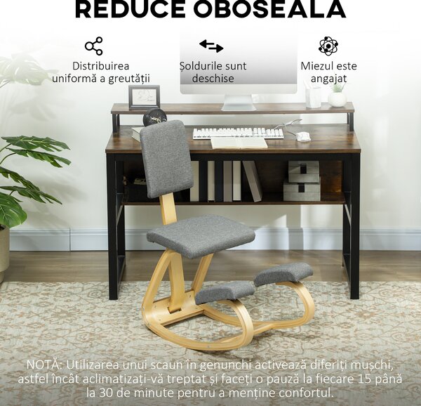 HOMCOM Scaun genunchi ergonomic, din lemn de mesteacăn, care permite o mișcare ușoară de leagăn, 51x84x93 cm, Gri | Aosom Romania