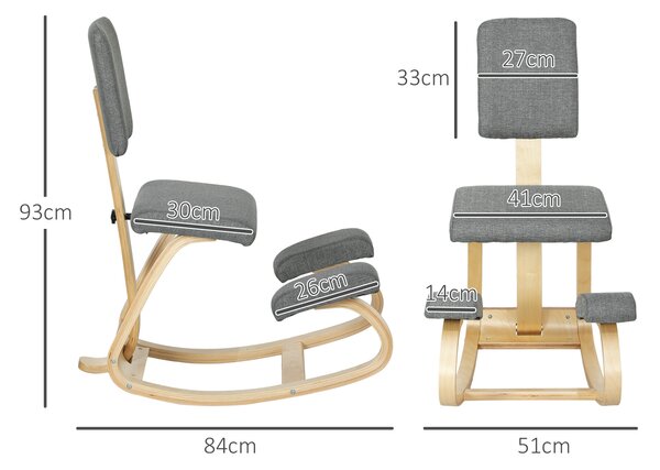 HOMCOM Scaun genunchi ergonomic, din lemn de mesteacăn, care permite o mișcare ușoară de leagăn, 51x84x93 cm, Gri | Aosom Romania