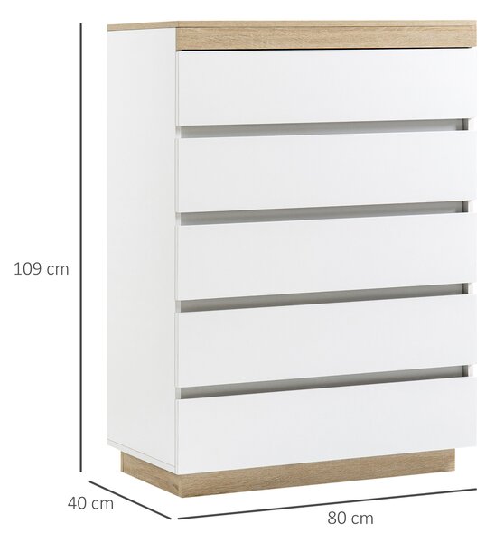 HOMCOM Comodă cu 5 Sertare din Lemn, Comodă pentru Dormitor cu Dispozitiv Anti-Răsturnare, 80x40x109 cm, Alb | Aosom Romania