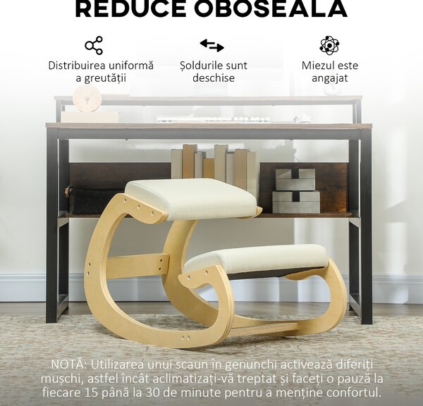 HOMCOM Scaun Ergonomic Postural din Material Textil, Scaun pentru Genunchi cu Mișcare de Legănare, 55x85x55 cm, Alb Crem | Aosom Romania