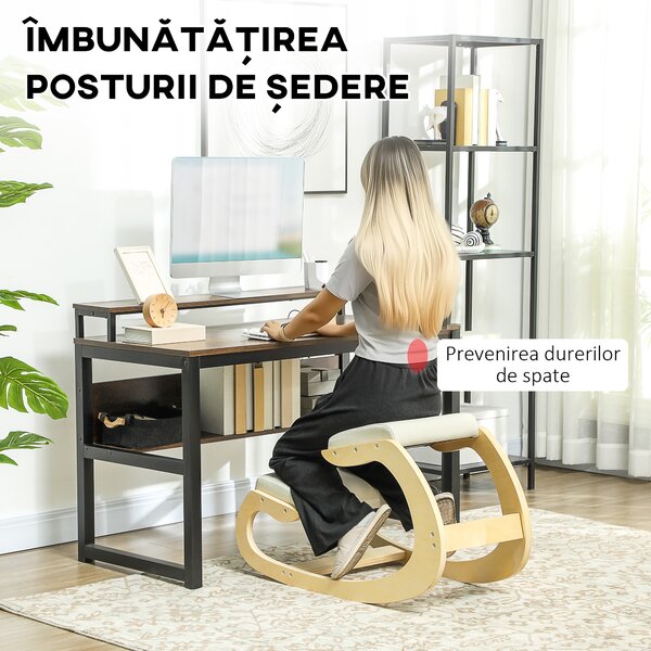 HOMCOM Scaun Ergonomic Postural din Material Textil, Scaun pentru Genunchi cu Mișcare de Legănare, 55x85x55 cm, Alb Crem | Aosom Romania