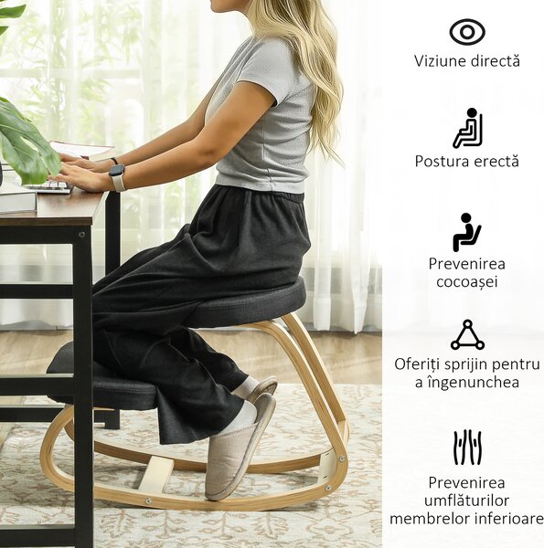 HOMCOM Scaun cu Mișcare de Legănare, Scaun Ergonomic Postural din Țesătură cu Aspect de In și Lemn, 50x73x55 cm, Negru | Aosom Romania