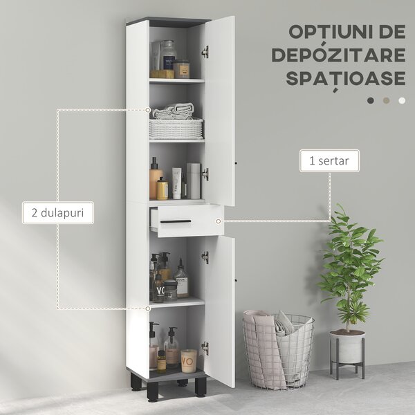 HOMCOM Coloană de Baie Modernă cu Sertar, 2 Dulapuri, 2 Uși și Rafturi Reglabile, Mobilier de Baie, 34x34x190 cm, Alb | Aosom Romania