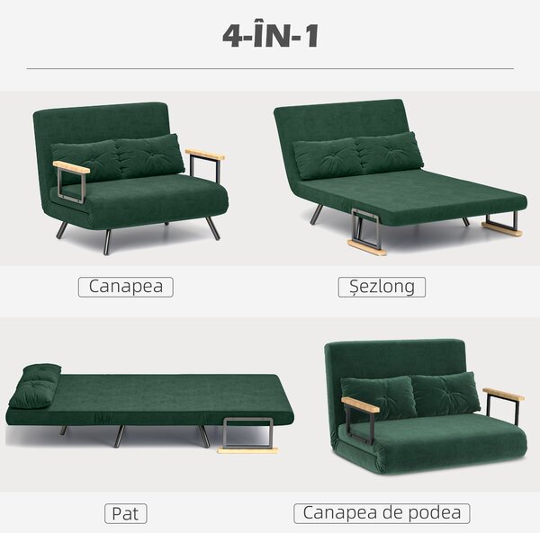 HOMCOM Canapea Pat de 2 Locuri cu Spătar Reglabil pe 5 Nivele, Canapea Pat Pliabilă cu 2 Perne, 102x73x81 cm, Verde | Aosom Romania