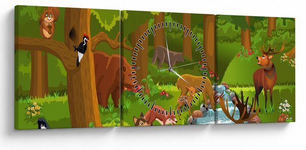 Tablou pentru copii cu animale (cu ceas) (90x30 cm)