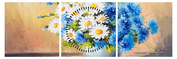 Tablou pictat cu vaza și flori (cu ceas) (90x30 cm)