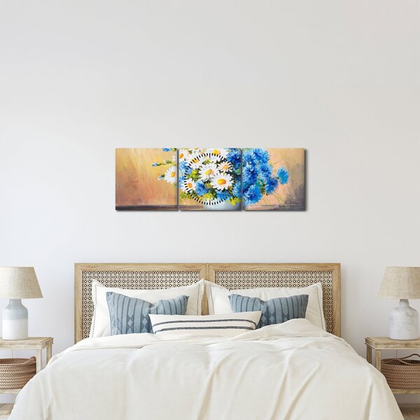 Tablou pictat cu vaza și flori (cu ceas) (90x30 cm)