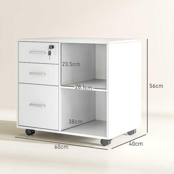HOMCOM Dulap cu Sertare pentru Birou, Suport pentru Documente cu 3 Sertare cu Încuietoare și Chei, 60x40x56 cm, Alb | Aosom Romania