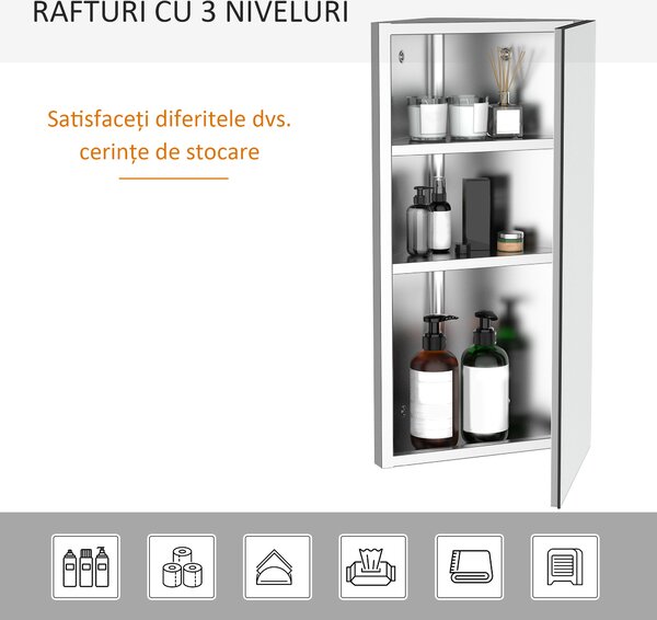 HOMCOM Dulap Unghiular de Baie cu Oglindă și 3 Rafturi Interioare, din Oțel, 60x30x18.4 cm | Aosom Romania
