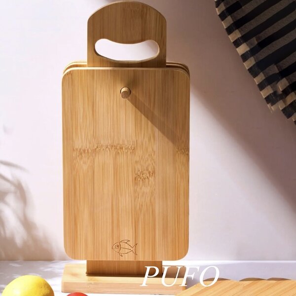 Set 4 tocatoare practice Pufo din bambus cu suport din lemn pentru bucatarie