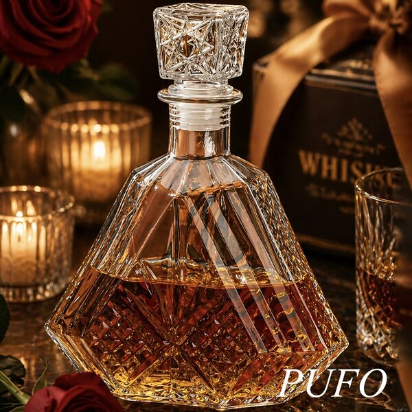 Sticla eleganta Pufo Pyramid pentru bautura, lichior sau whisky, 750 ml, transparenta– rafinata si rezistenta