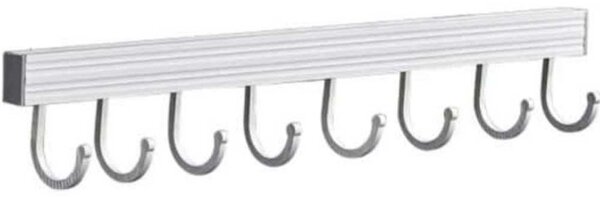 Cuier Pufo Home din aluminiu pentru bucatarie cu 8 carlige – suport pentru tacamuri, ustensile, sccesorii si prosoape, montaj pe perete, 59 cm
