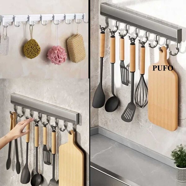 Cuier Pufo Home din aluminiu pentru bucatarie cu 8 carlige – suport pentru tacamuri, ustensile, sccesorii si prosoape, montaj pe perete, 59 cm