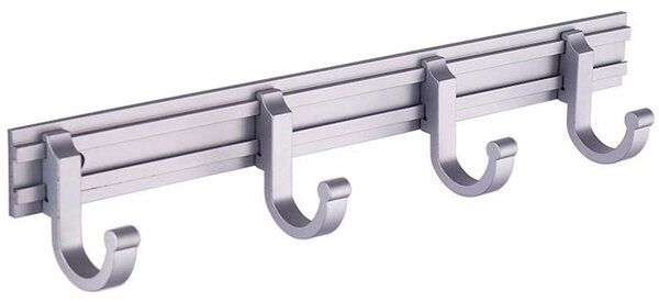 Cuier din aluminiu Pufo cu 4 carlige pentru bucatarie– Suport ustensile, prosoape si accesorii, montaj pe perete, 27 cm