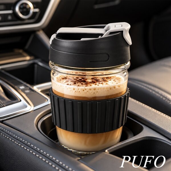 Pahar de voiaj din sticla cu pai, 400 ml – pahar reutilizabil pentru cafea, ceai, limonada, sucuri si bauturi calde sau reci