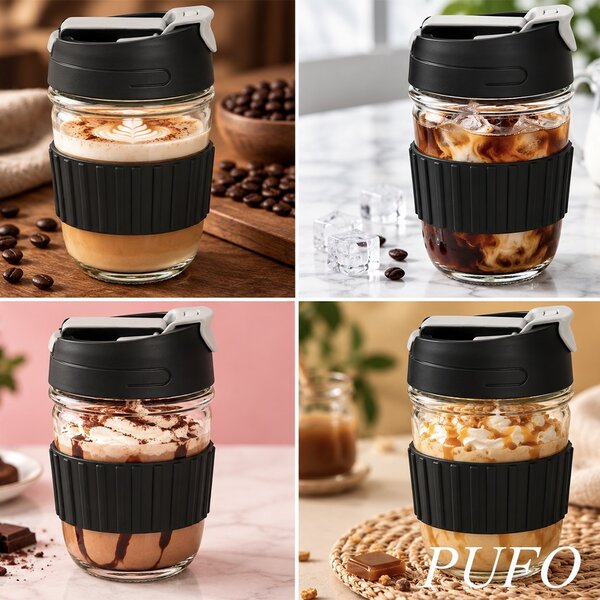 Pahar de voiaj din sticla cu pai, 400 ml – pahar reutilizabil pentru cafea, ceai, limonada, sucuri si bauturi calde sau reci