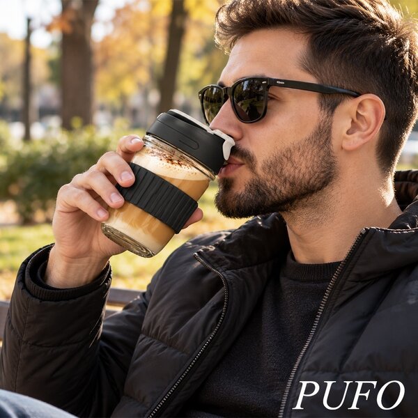 Pahar de voiaj din sticla cu pai, 400 ml – pahar reutilizabil pentru cafea, ceai, limonada, sucuri si bauturi calde sau reci