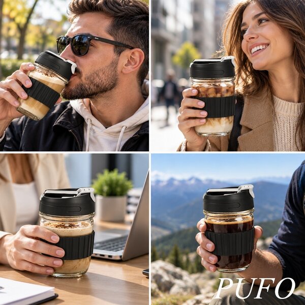 Pahar de voiaj din sticla cu pai, 400 ml – pahar reutilizabil pentru cafea, ceai, limonada, sucuri si bauturi calde sau reci