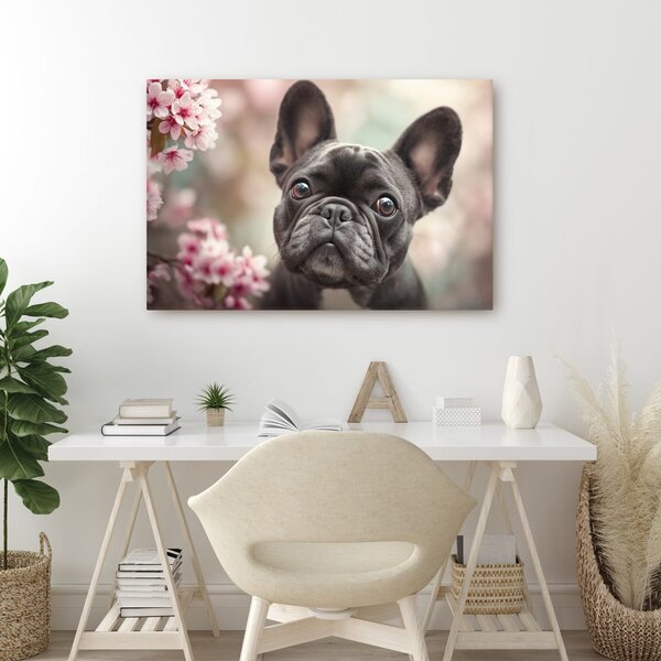 Tablou bulldog drăguț printre flori