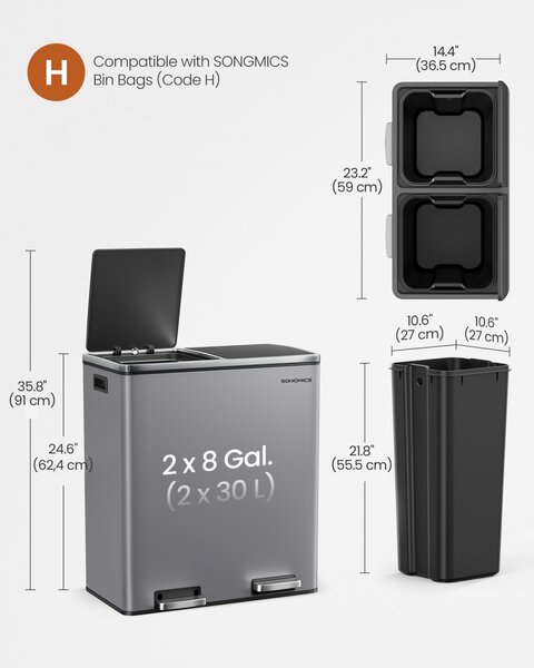 Cos de gunoi compartimentat Songmics Gri 59x36.5x62.4 cm