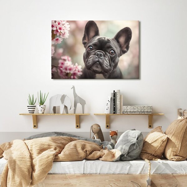 Tablou bulldog drăguț printre flori
