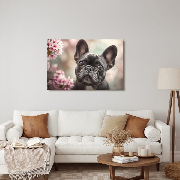 Tablou bulldog drăguț printre flori