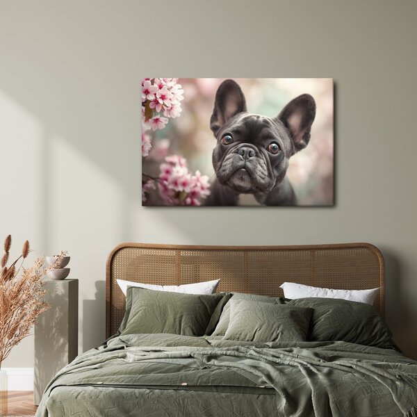 Tablou bulldog drăguț printre flori