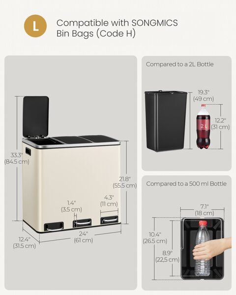 Cos de gunoi compartimentat Songmics Bej 61.7x35.2x56.4 cm