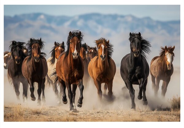 Tablou galop sălbatic al cailor prin peisaj