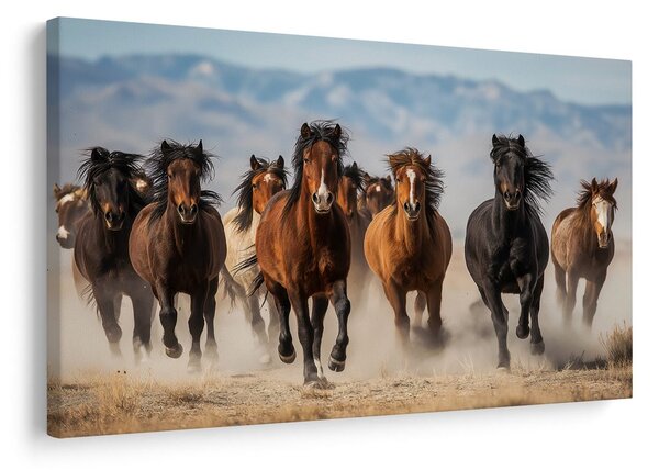 Tablou galop sălbatic al cailor prin peisaj