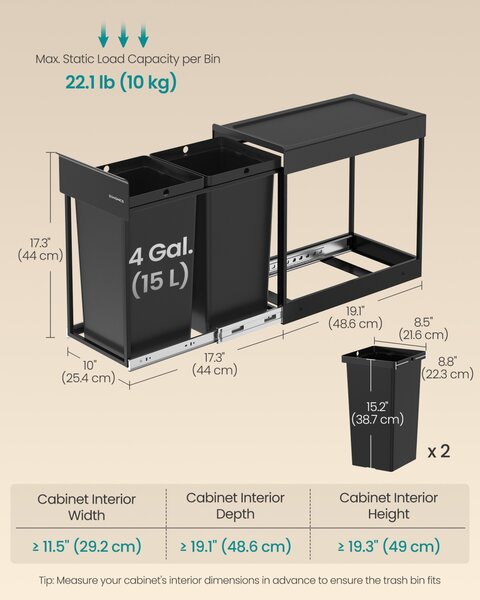 Cos de gunoi culisant Songmics Negru 48.6x25.6x44.0 cm