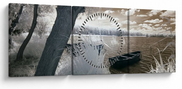 Tablou cu barca pe lac (cu ceas) (90x30 cm)