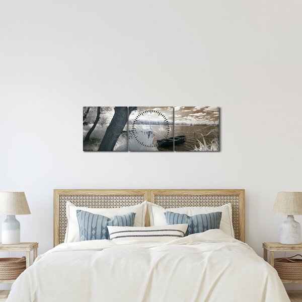 Tablou cu barca pe lac (cu ceas) (90x30 cm)