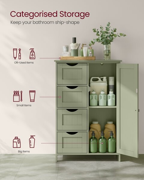 Dulap depozitare baie cu sertare Vasagle Verde padure 55x30x82 cm