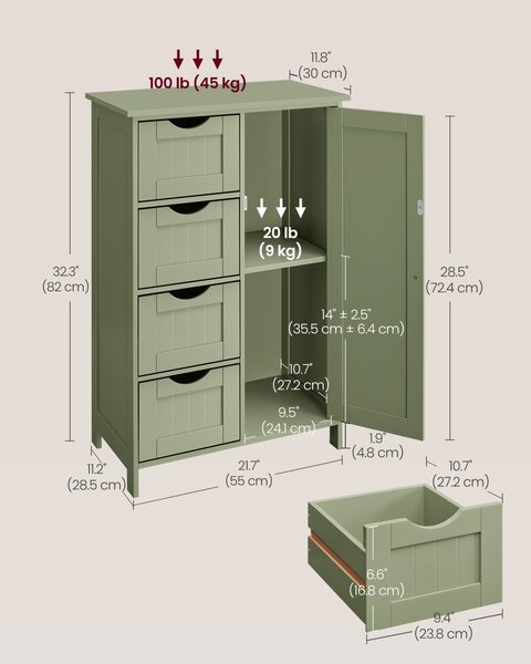 Dulap depozitare baie cu sertare Vasagle Verde padure 55x30x82 cm