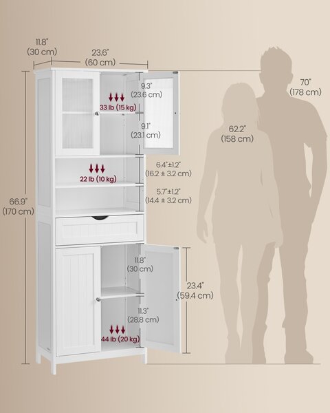 Dulap depozitare baie Vasagle Alb 60x30x170 cm