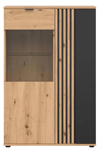 Vitrina VABRES, stejar artisan/negru mat, PAL laminat/sticla, 91x40x13