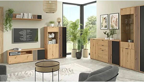 Vitrina VABRES, stejar artisan/negru mat, PAL laminat/sticla, 91x40x13