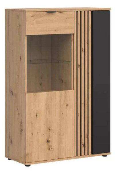 Vitrina VABRES, stejar artisan/negru mat, PAL laminat/sticla, 91x40x13