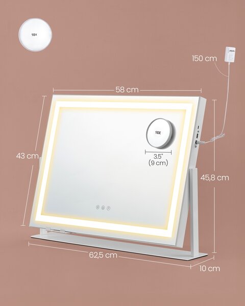 Oglinda de toaleta si machiaj V2 LED Songmics Alb 62.5x10x45.8 cm