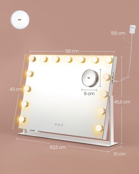 Oglinda de toaleta si machiaj V1 LED Songmics Alb 62.5x10x45.8 cm
