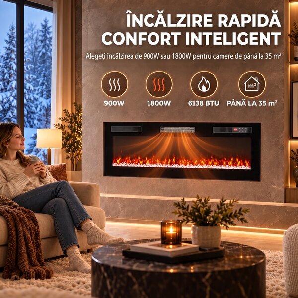 HOMCOM Șemineu Electric 127 cm, Încastrat/Perete/Podea, Ultrasubțire 8,3 cm, cu Telecomandă, 900/1800W, Timer, Negru | Aosom Romania