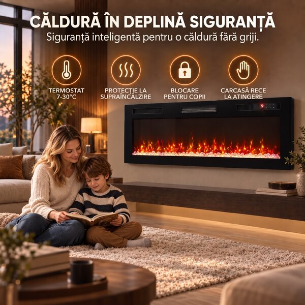 HOMCOM Șemineu Electric 127 cm, Încastrat/Perete/Podea, Ultrasubțire 8,3 cm, cu Telecomandă, 900/1800W, Timer, Negru | Aosom Romania