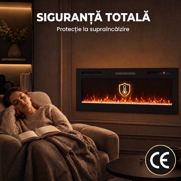 HOMCOM Șemineu Electric 127 cm, Încastrat/Perete/Podea, Ultrasubțire 8,3 cm, cu Telecomandă, 900/1800W, Timer, Negru | Aosom Romania