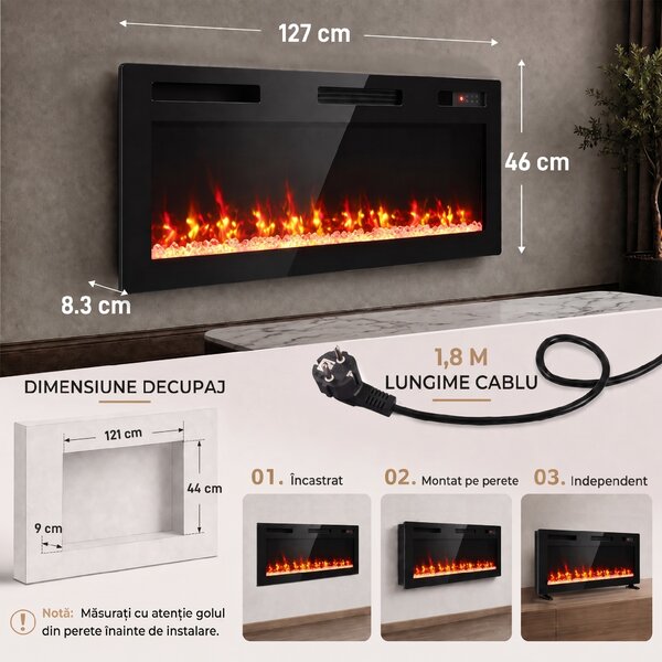HOMCOM Șemineu Electric 127 cm, Încastrat/Perete/Podea, Ultrasubțire 8,3 cm, cu Telecomandă, 900/1800W, Timer, Negru | Aosom Romania