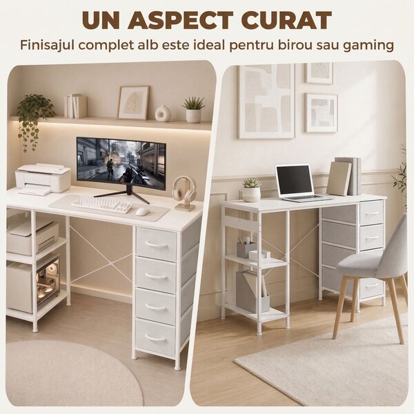 HOMCOM Birou cu 4 sertare textile, structură metalică, raft deschis, alb | Aosom Romania