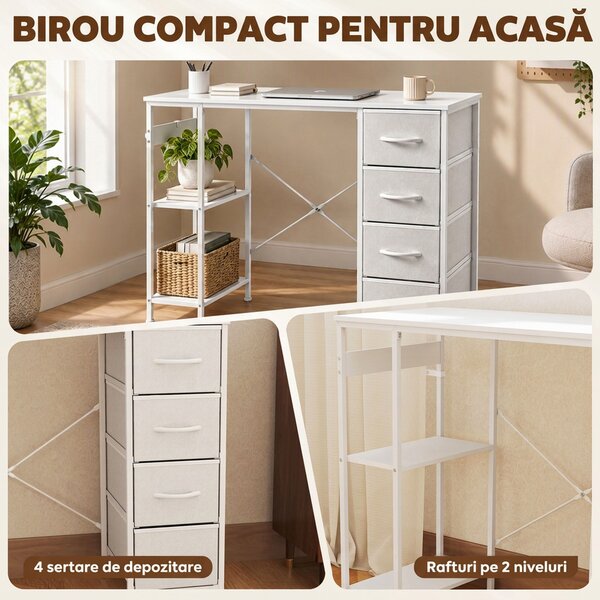 HOMCOM Birou cu 4 sertare textile, structură metalică, raft deschis, alb | Aosom Romania