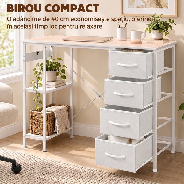 HOMCOM Birou cu 4 sertare textile, structură metalică, raft deschis, alb | Aosom Romania